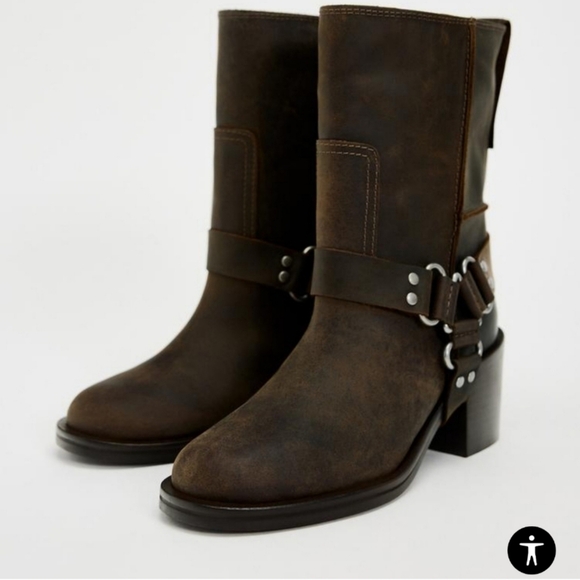 Zara distressed wide heeled leather ankle boots new with tags sz 6.5 brown - Picture 4 of 9